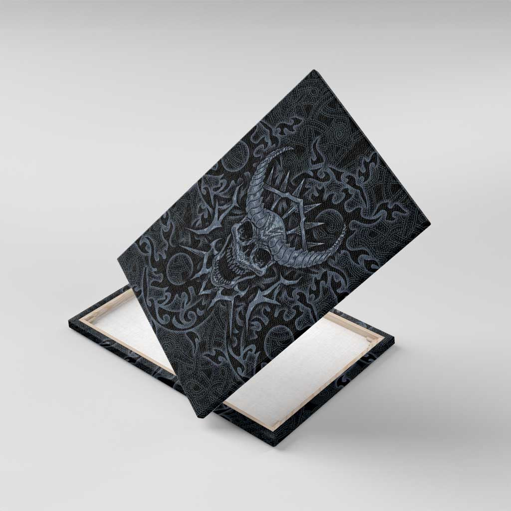 Viking Horned Skull and Raven Emblem Canvas Wall Art Dark Nordic Tribal Grunge Illustration
