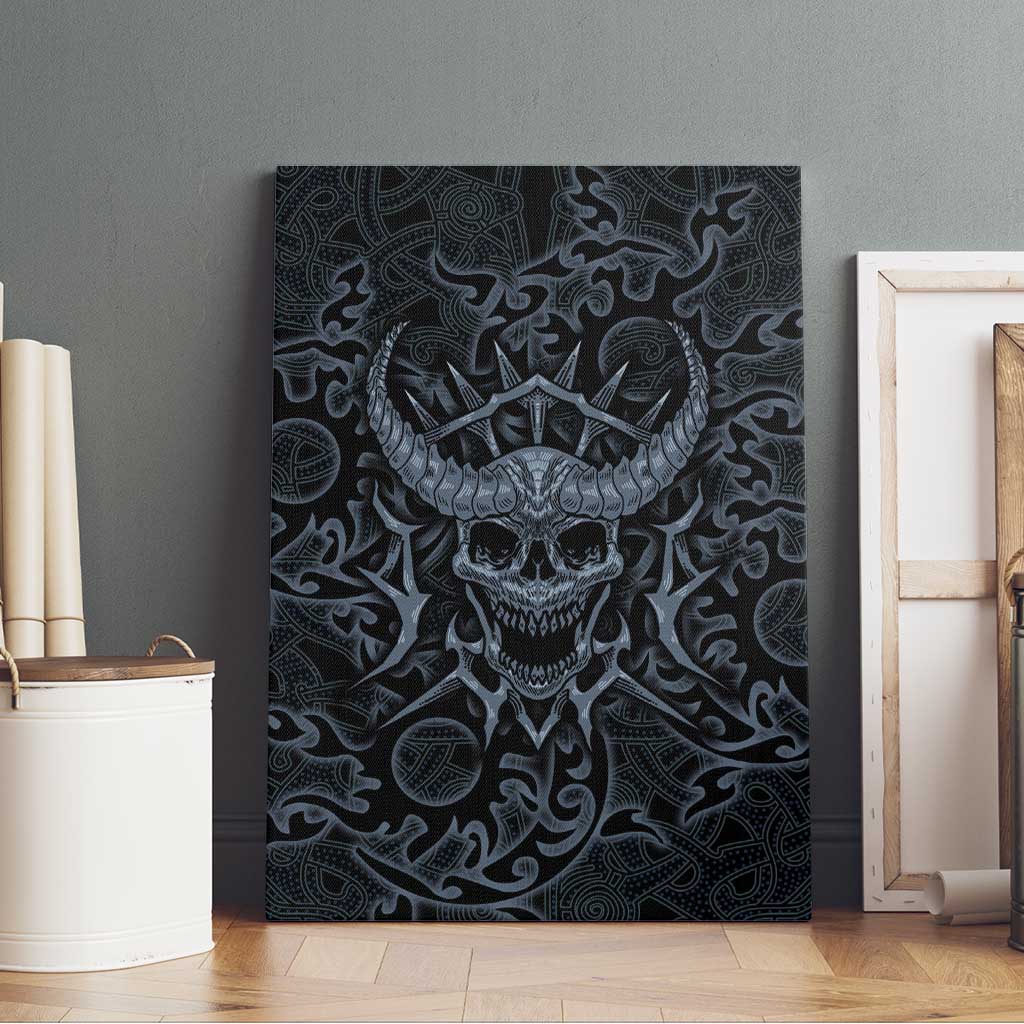 Viking Horned Skull and Raven Emblem Canvas Wall Art Dark Nordic Tribal Grunge Illustration