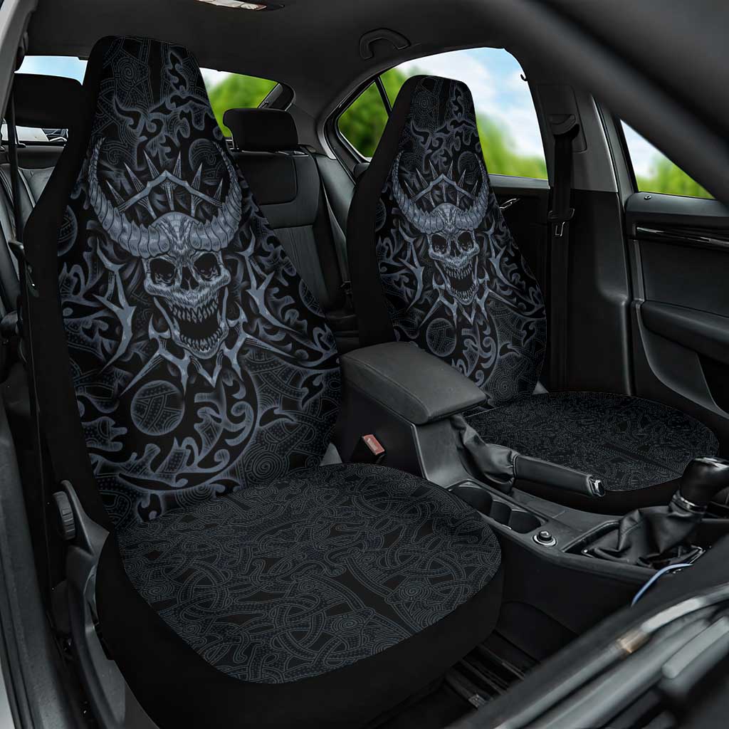 Viking Horned Skull and Raven Emblem Car Seat Cover Dark Nordic Tribal Grunge Illustration