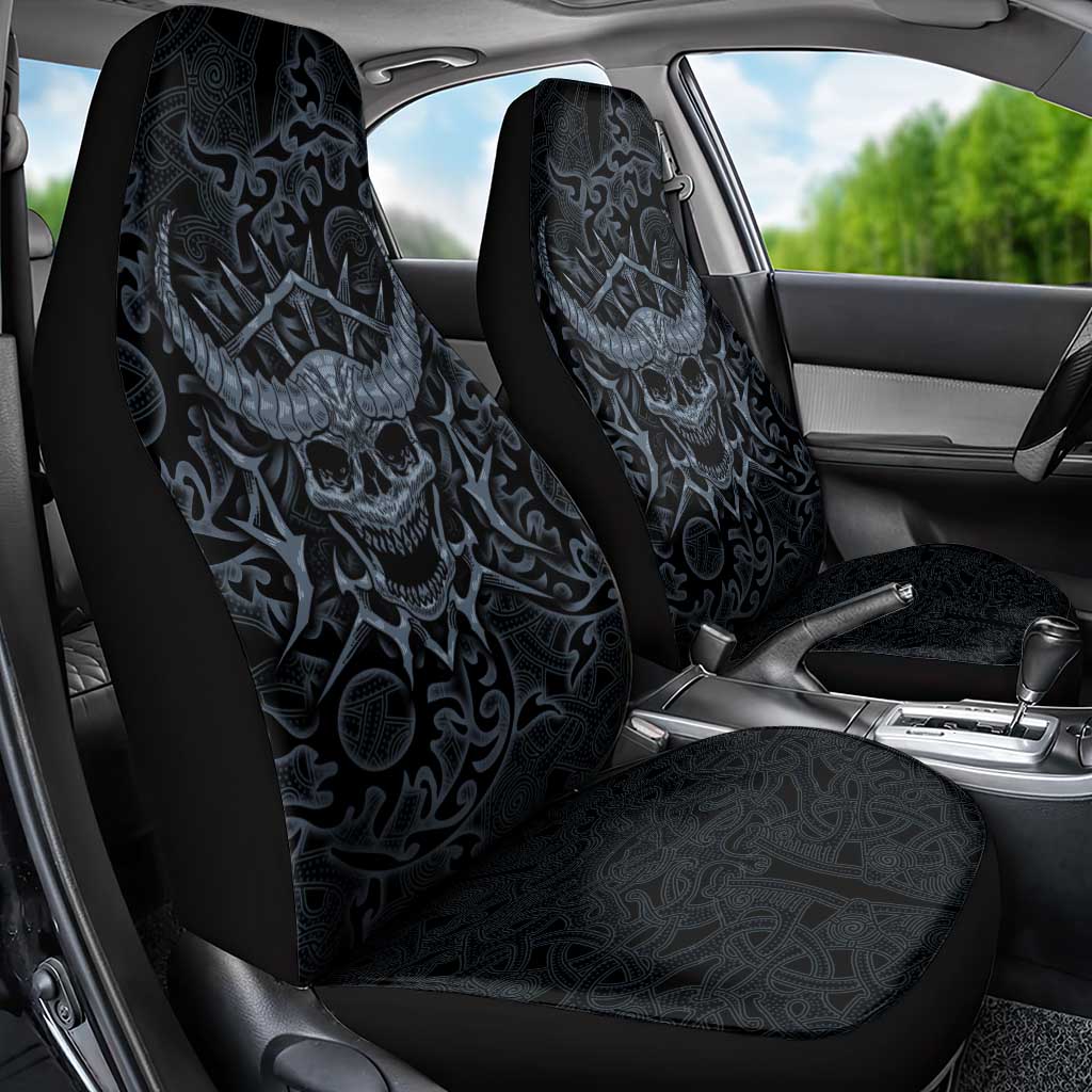 Viking Horned Skull and Raven Emblem Car Seat Cover Dark Nordic Tribal Grunge Illustration