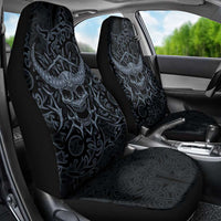 Viking Horned Skull and Raven Emblem Car Seat Cover Dark Nordic Tribal Grunge Illustration