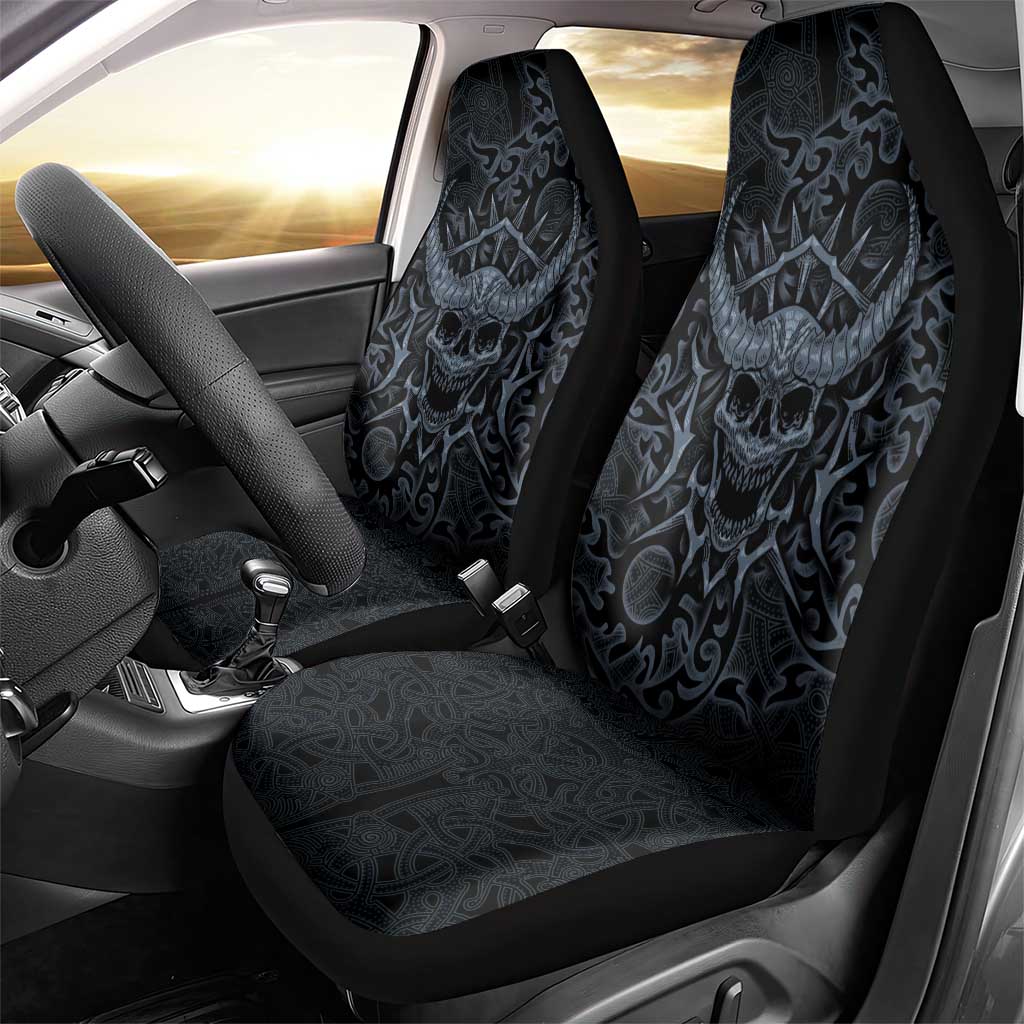 Viking Horned Skull and Raven Emblem Car Seat Cover Dark Nordic Tribal Grunge Illustration