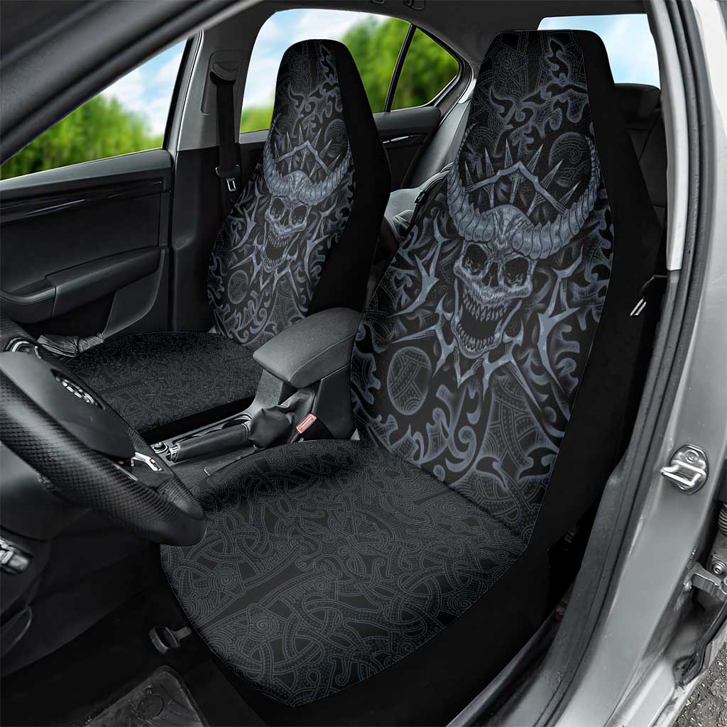 Viking Horned Skull and Raven Emblem Car Seat Cover Dark Nordic Tribal Grunge Illustration