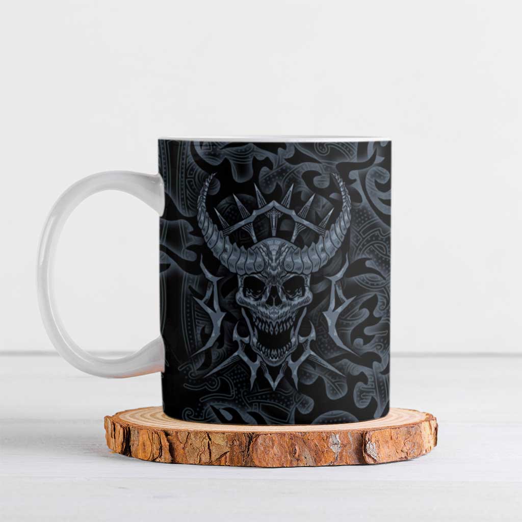 Viking Horned Skull and Raven Emblem Ceramic Mug Dark Nordic Tribal Grunge Illustration
