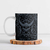 Viking Horned Skull and Raven Emblem Ceramic Mug Dark Nordic Tribal Grunge Illustration