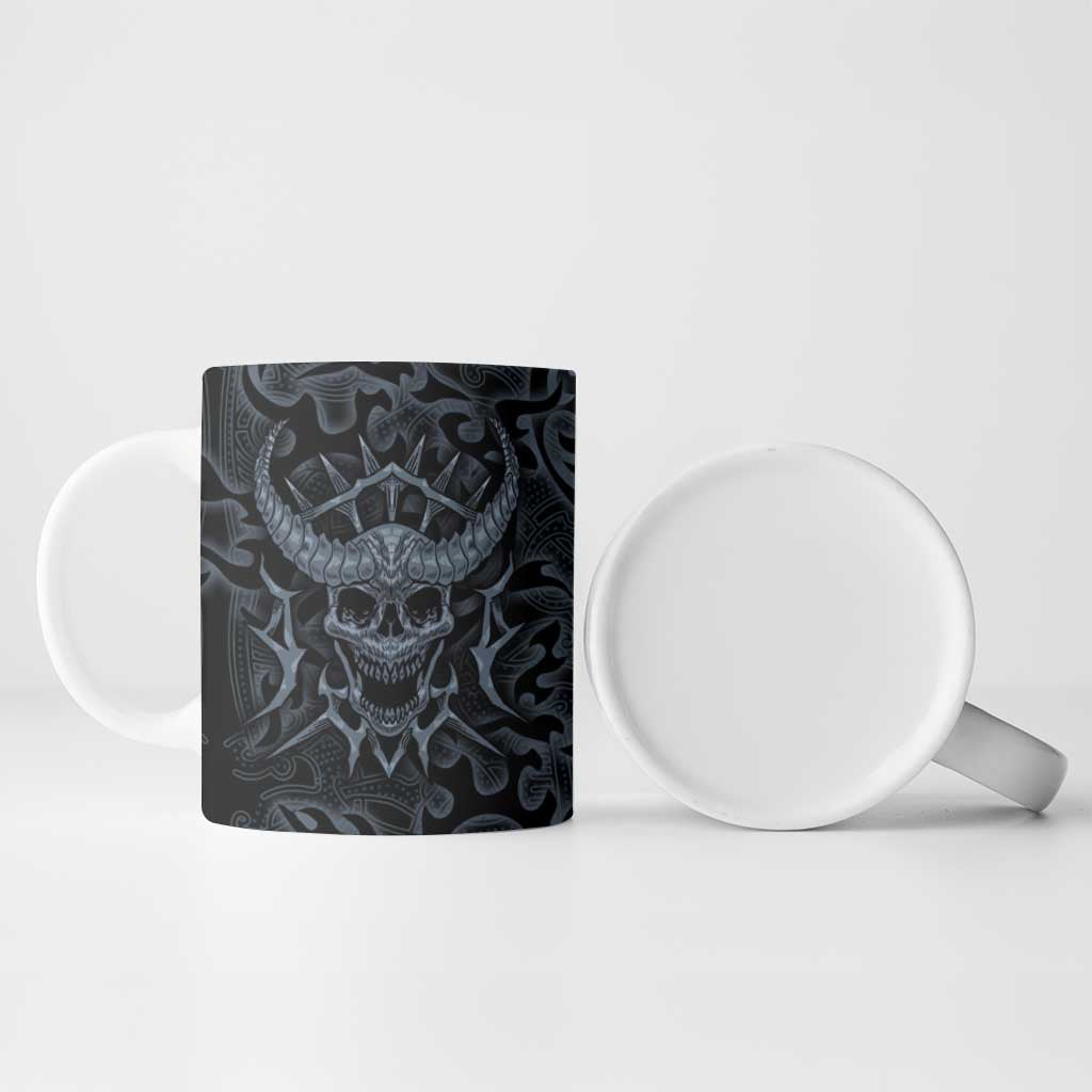 Viking Horned Skull and Raven Emblem Ceramic Mug Dark Nordic Tribal Grunge Illustration