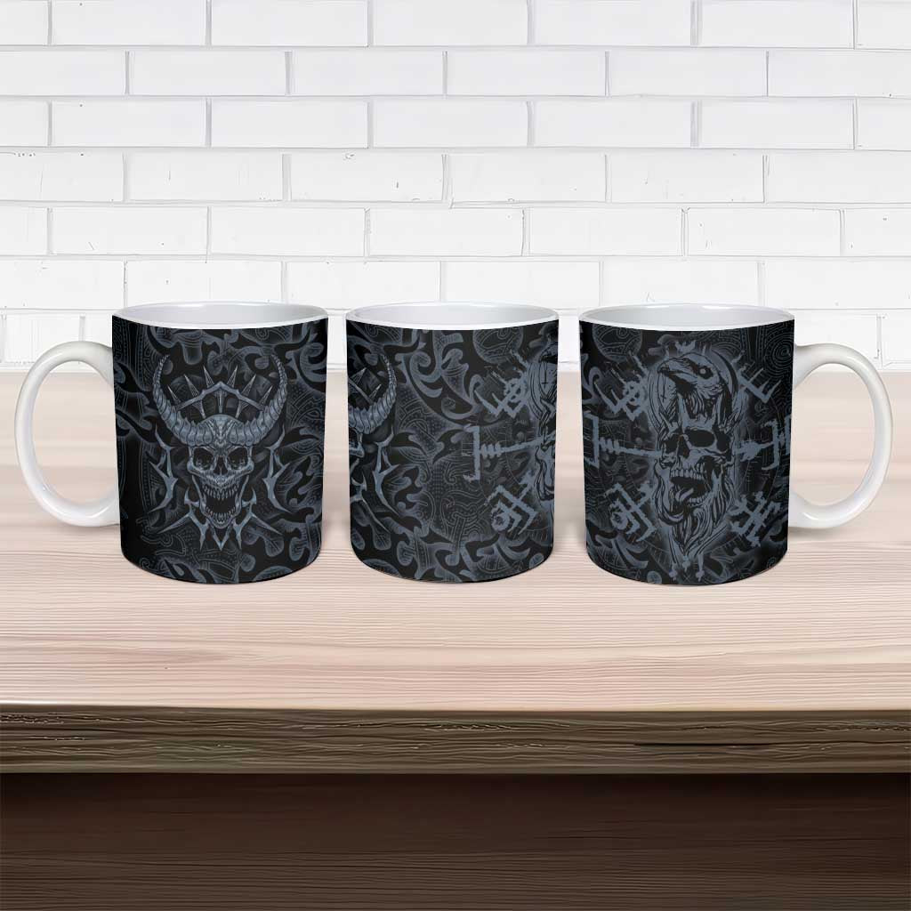 Viking Horned Skull and Raven Emblem Ceramic Mug Dark Nordic Tribal Grunge Illustration