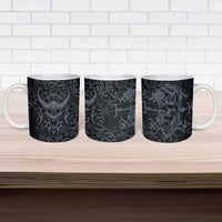 Viking Horned Skull and Raven Emblem Ceramic Mug Dark Nordic Tribal Grunge Illustration