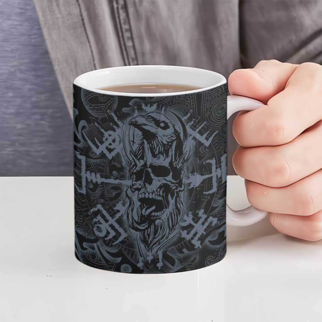 Viking Horned Skull and Raven Emblem Ceramic Mug Dark Nordic Tribal Grunge Illustration