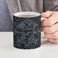 Viking Horned Skull and Raven Emblem Ceramic Mug Dark Nordic Tribal Grunge Illustration