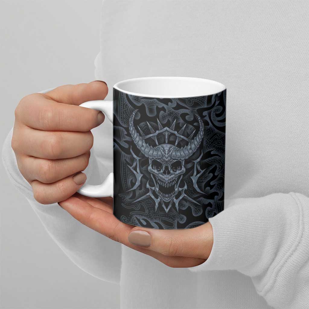 Viking Horned Skull and Raven Emblem Ceramic Mug Dark Nordic Tribal Grunge Illustration