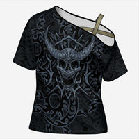 Viking Horned Skull and Raven Emblem Cross Shoulder Shirt Dark Nordic Tribal Grunge Illustration