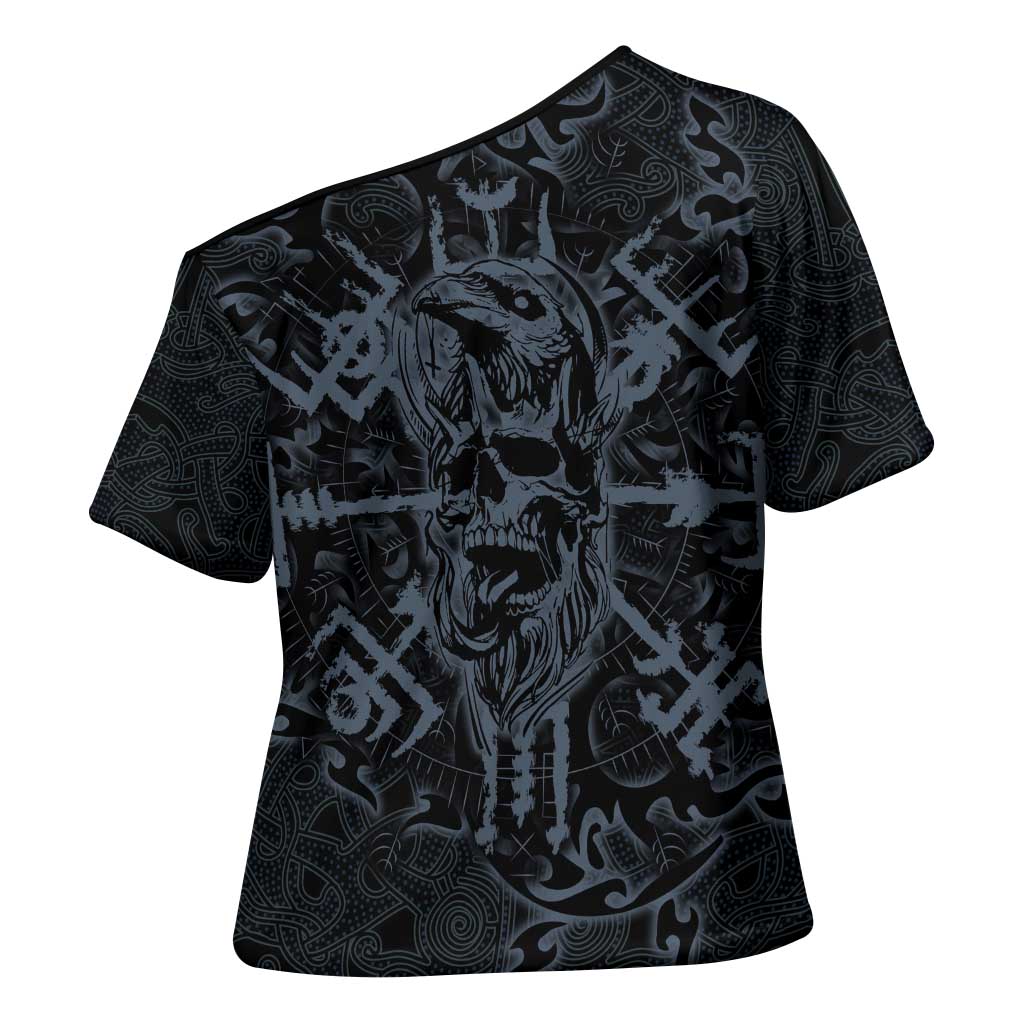 Viking Horned Skull and Raven Emblem Cross Shoulder Shirt Dark Nordic Tribal Grunge Illustration