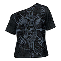 Viking Horned Skull and Raven Emblem Cross Shoulder Shirt Dark Nordic Tribal Grunge Illustration