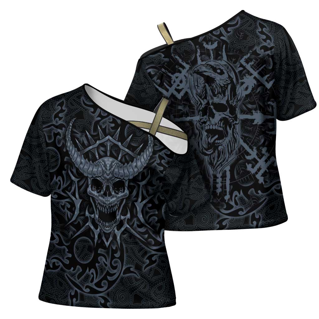Viking Horned Skull and Raven Emblem Cross Shoulder Shirt Dark Nordic Tribal Grunge Illustration