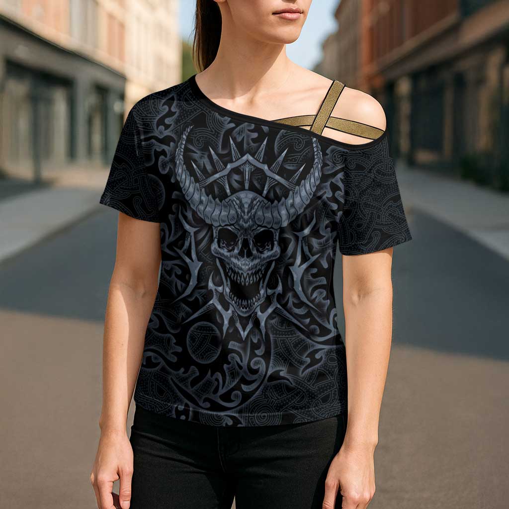 Viking Horned Skull and Raven Emblem Cross Shoulder Shirt Dark Nordic Tribal Grunge Illustration