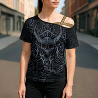 Viking Horned Skull and Raven Emblem Cross Shoulder Shirt Dark Nordic Tribal Grunge Illustration
