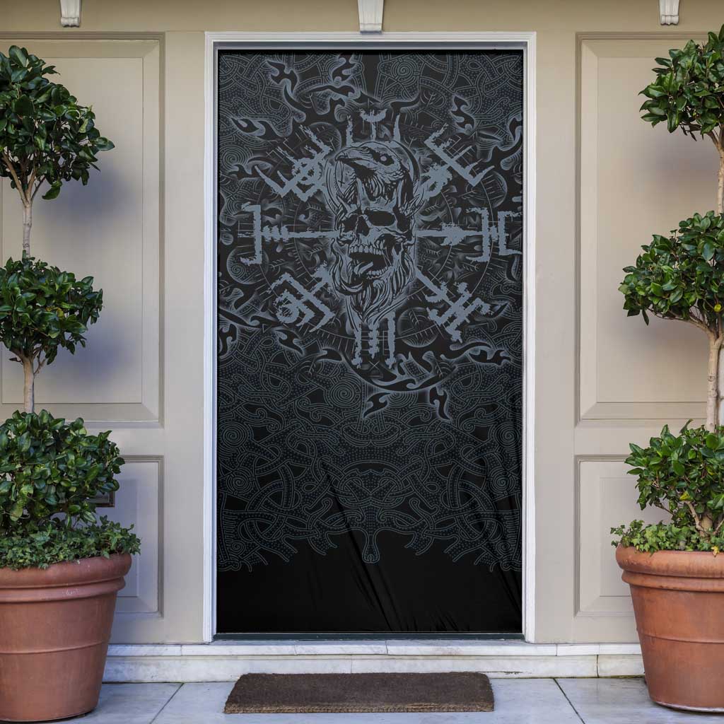 Viking Horned Skull and Raven Emblem Door Cover Dark Nordic Tribal Grunge Illustration