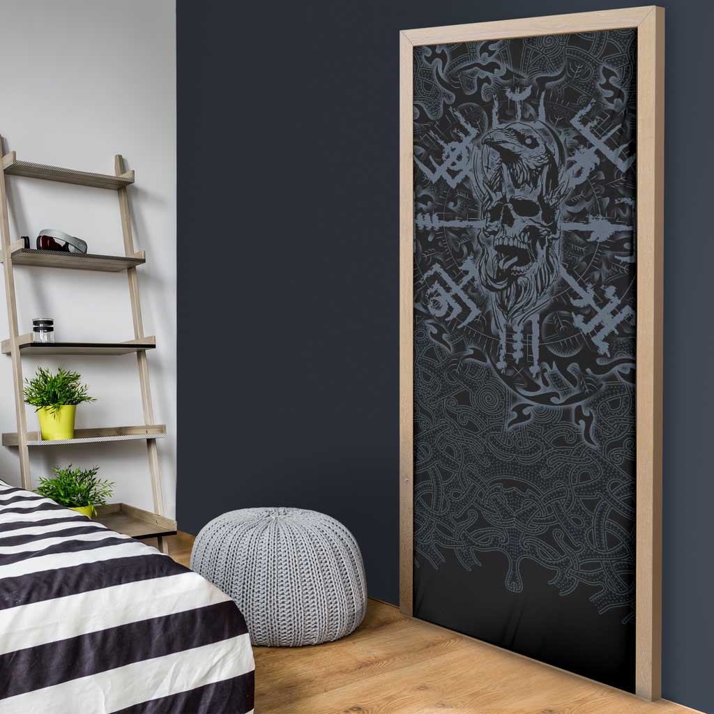 Viking Horned Skull and Raven Emblem Door Cover Dark Nordic Tribal Grunge Illustration
