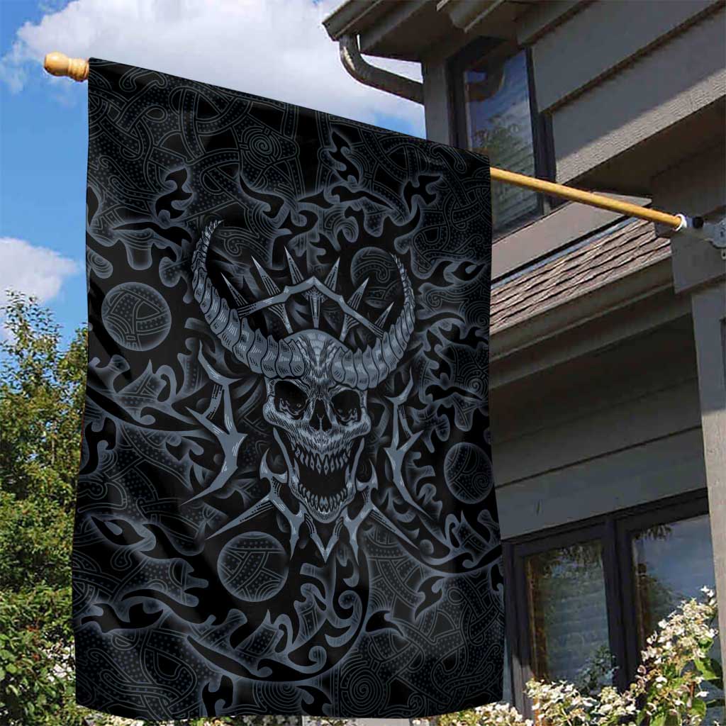 Viking Horned Skull and Raven Emblem Garden Flag Dark Nordic Tribal Grunge Illustration