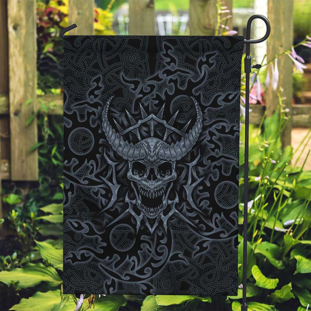 Viking Horned Skull and Raven Emblem Garden Flag Dark Nordic Tribal Grunge Illustration