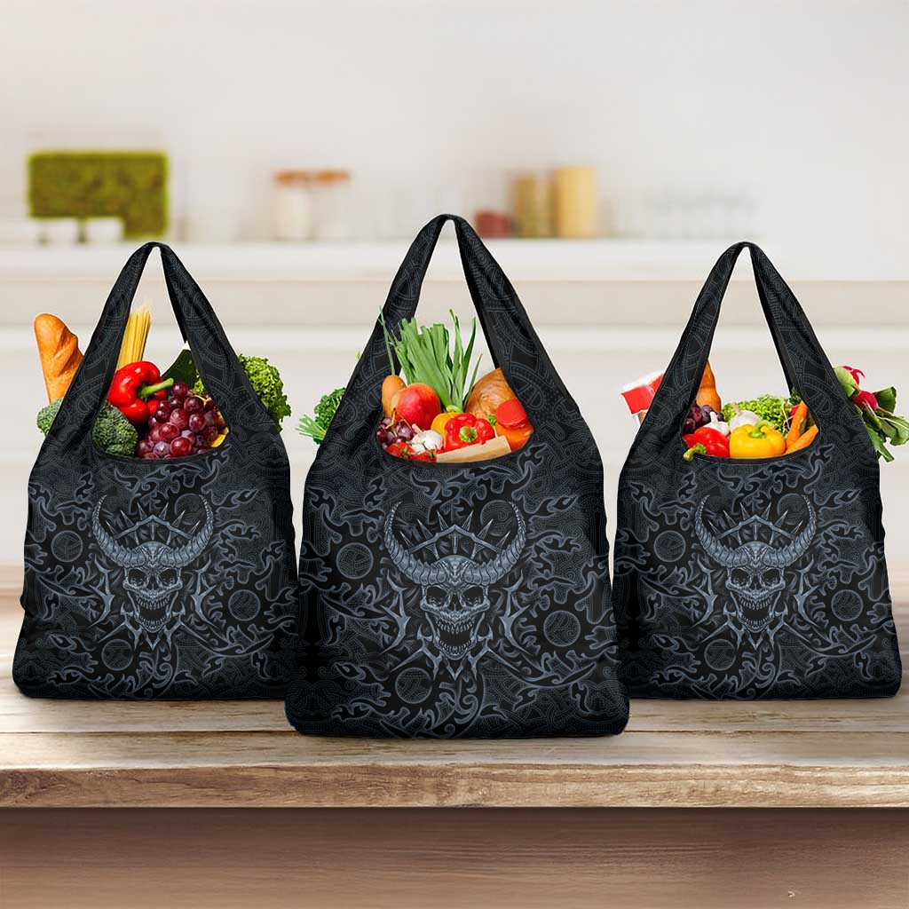 Viking Horned Skull and Raven Emblem Grocery Bag Dark Nordic Tribal Grunge Illustration