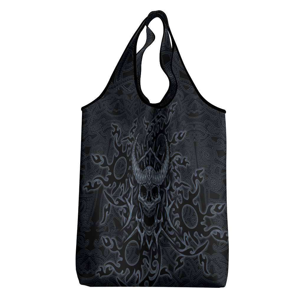 Viking Horned Skull and Raven Emblem Grocery Bag Dark Nordic Tribal Grunge Illustration