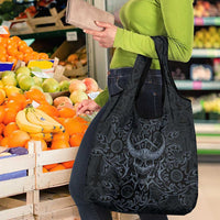 Viking Horned Skull and Raven Emblem Grocery Bag Dark Nordic Tribal Grunge Illustration