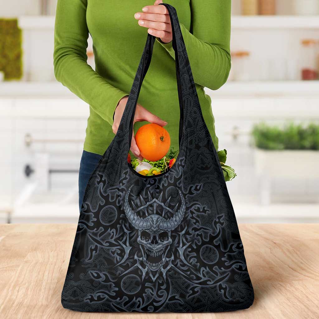 Viking Horned Skull and Raven Emblem Grocery Bag Dark Nordic Tribal Grunge Illustration