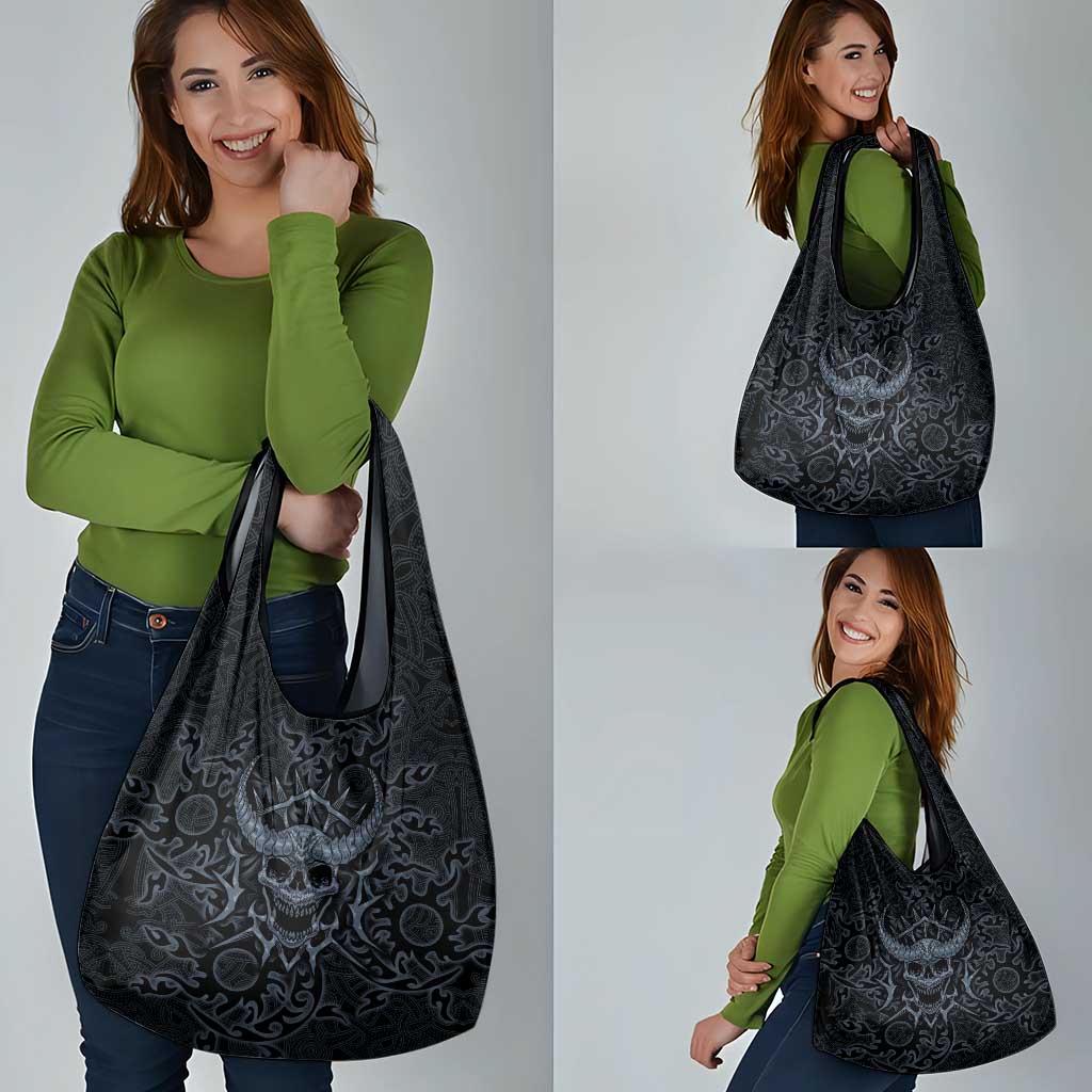 Viking Horned Skull and Raven Emblem Grocery Bag Dark Nordic Tribal Grunge Illustration