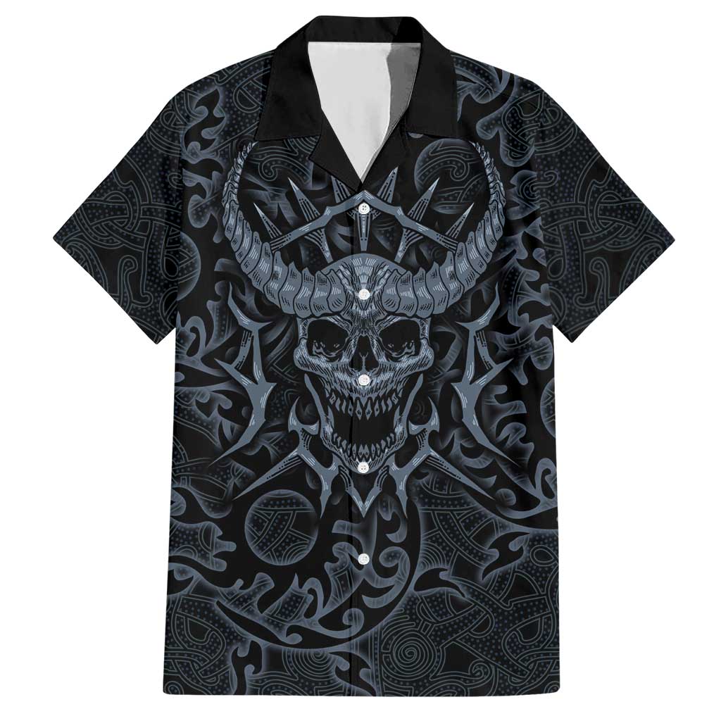 Viking Horned Skull and Raven Emblem Hawaiian Shirt Dark Nordic Tribal Grunge Illustration