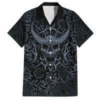 Viking Horned Skull and Raven Emblem Hawaiian Shirt Dark Nordic Tribal Grunge Illustration
