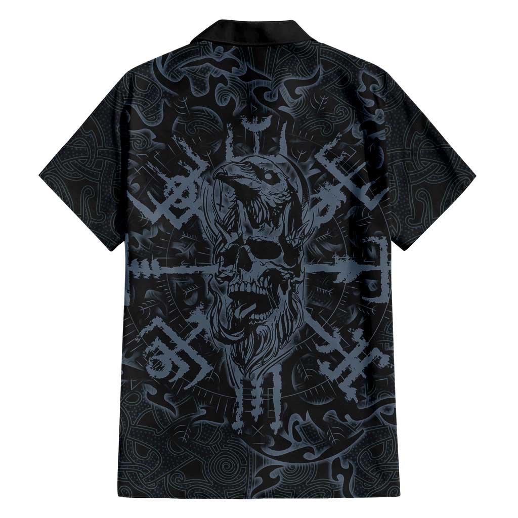 Viking Horned Skull and Raven Emblem Hawaiian Shirt Dark Nordic Tribal Grunge Illustration