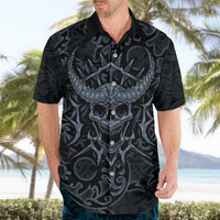 Viking Horned Skull and Raven Emblem Hawaiian Shirt Dark Nordic Tribal Grunge Illustration