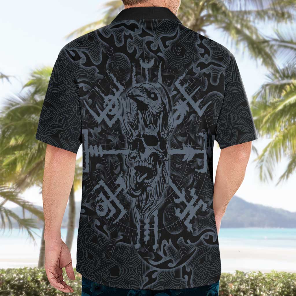 Viking Horned Skull and Raven Emblem Hawaiian Shirt Dark Nordic Tribal Grunge Illustration