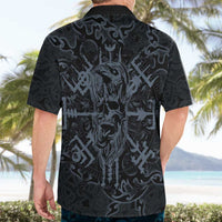 Viking Horned Skull and Raven Emblem Hawaiian Shirt Dark Nordic Tribal Grunge Illustration