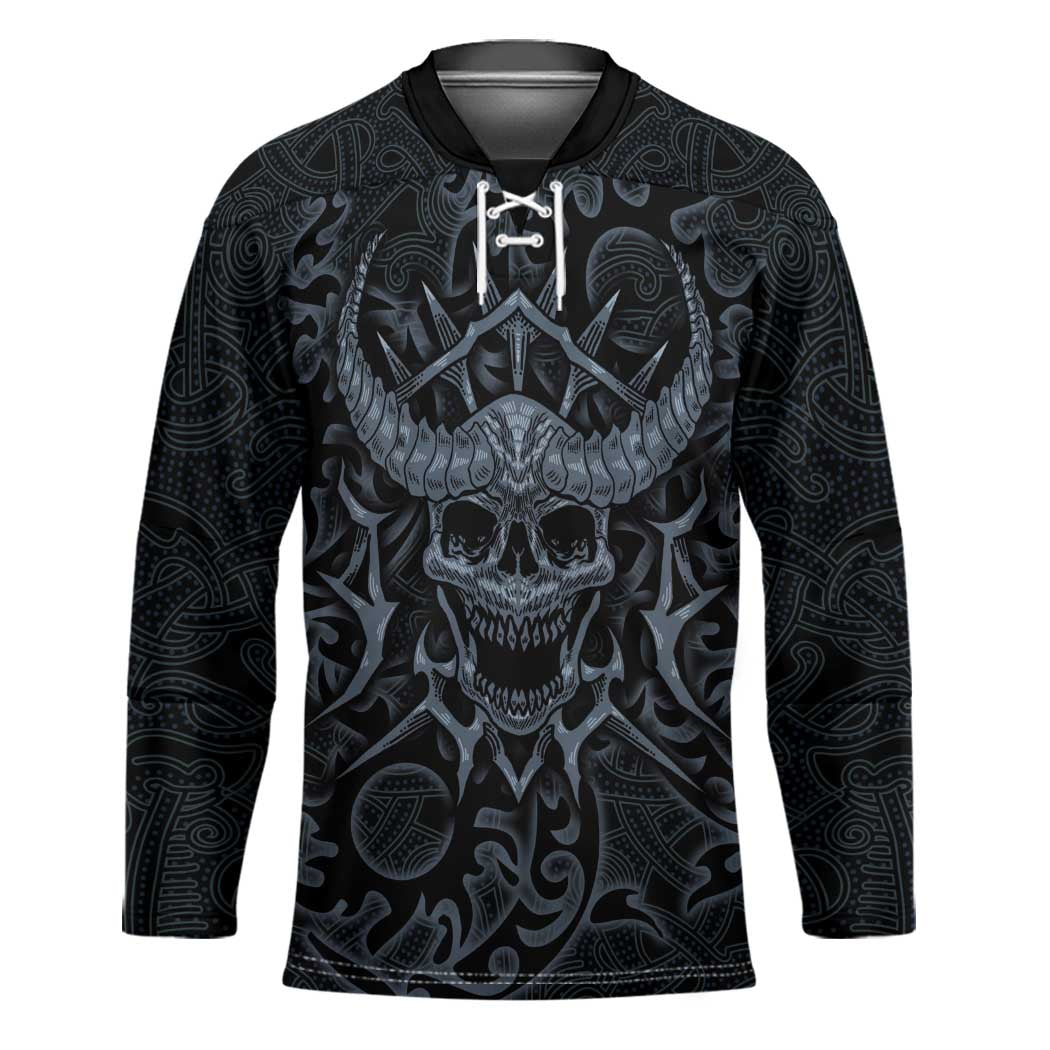 Viking Horned Skull and Raven Emblem Hockey Jersey Dark Nordic Tribal Grunge Illustration