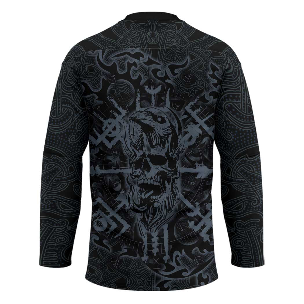 Viking Horned Skull and Raven Emblem Hockey Jersey Dark Nordic Tribal Grunge Illustration