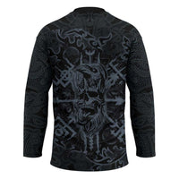 Viking Horned Skull and Raven Emblem Hockey Jersey Dark Nordic Tribal Grunge Illustration