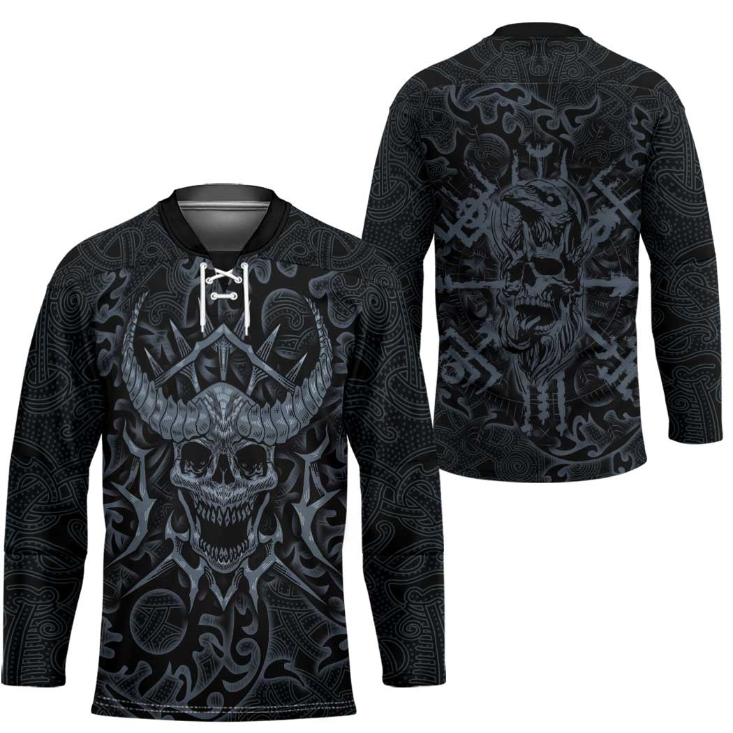 Viking Horned Skull and Raven Emblem Hockey Jersey Dark Nordic Tribal Grunge Illustration
