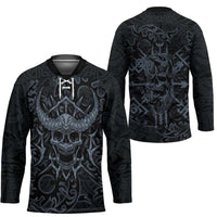 Viking Horned Skull and Raven Emblem Hockey Jersey Dark Nordic Tribal Grunge Illustration