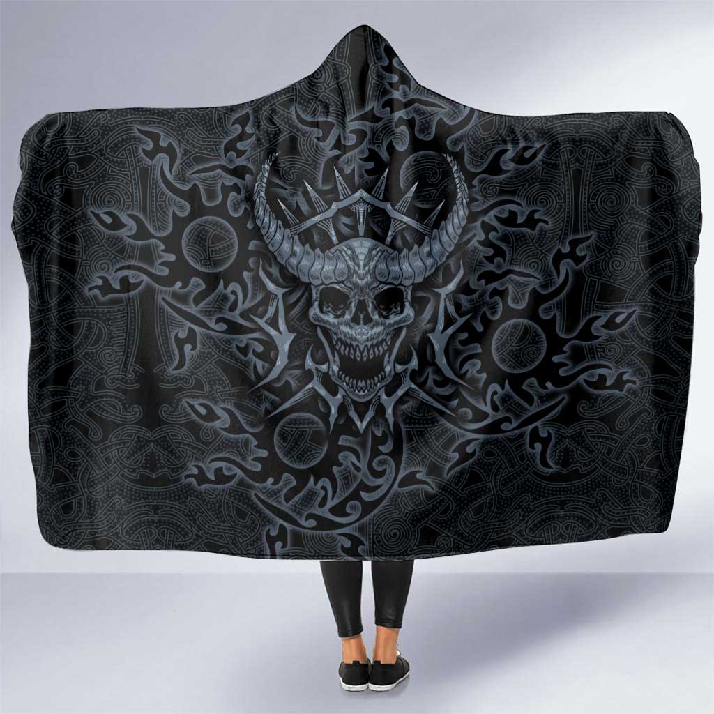 Viking Horned Skull and Raven Emblem Hooded Blanket Dark Nordic Tribal Grunge Illustration
