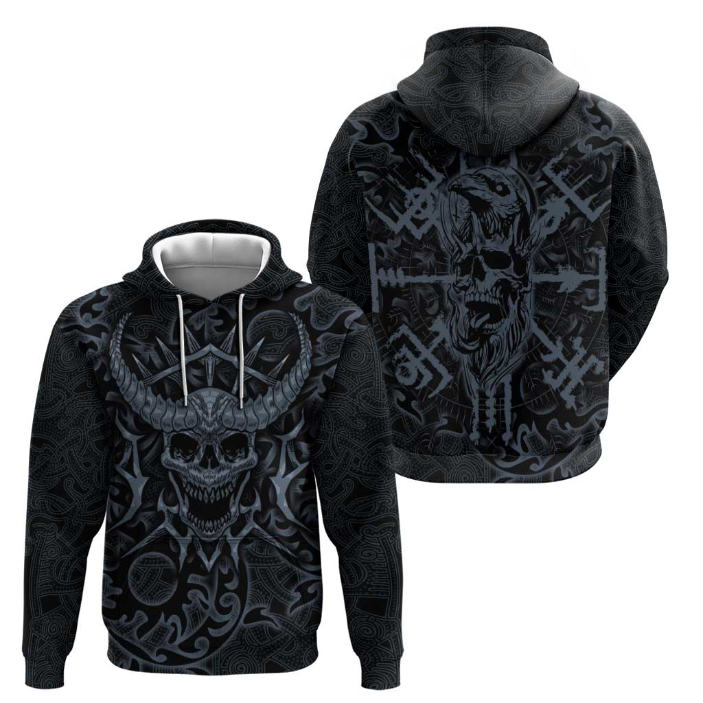 Viking Horned Skull and Raven Emblem Hoodie Dark Nordic Tribal Grunge Illustration