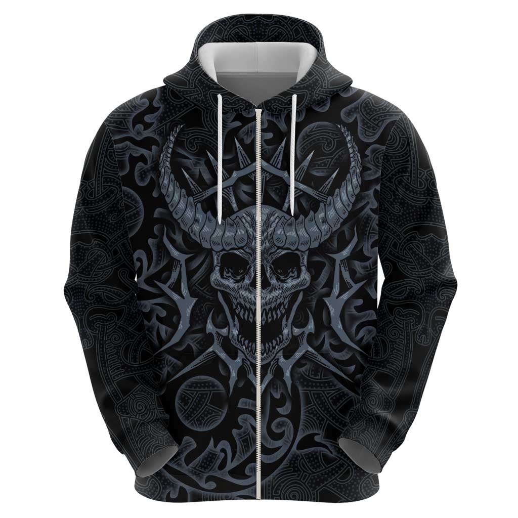 Viking Horned Skull and Raven Emblem Hoodie Dark Nordic Tribal Grunge Illustration