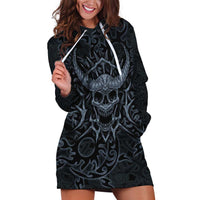Viking Horned Skull and Raven Emblem Hoodie Dress Dark Nordic Tribal Grunge Illustration