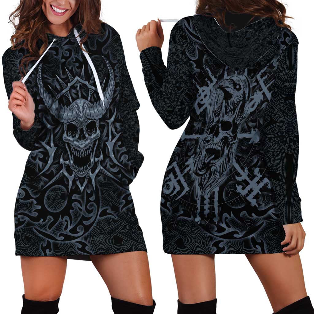 Viking Horned Skull and Raven Emblem Hoodie Dress Dark Nordic Tribal Grunge Illustration
