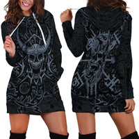 Viking Horned Skull and Raven Emblem Hoodie Dress Dark Nordic Tribal Grunge Illustration