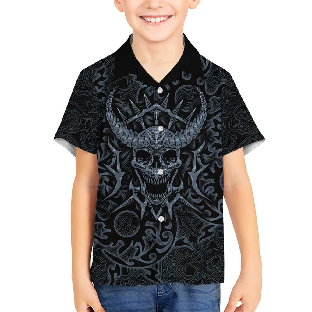 Viking Horned Skull and Raven Emblem Kid Hawaiian Shirt Dark Nordic Tribal Grunge Illustration