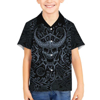Viking Horned Skull and Raven Emblem Kid Hawaiian Shirt Dark Nordic Tribal Grunge Illustration