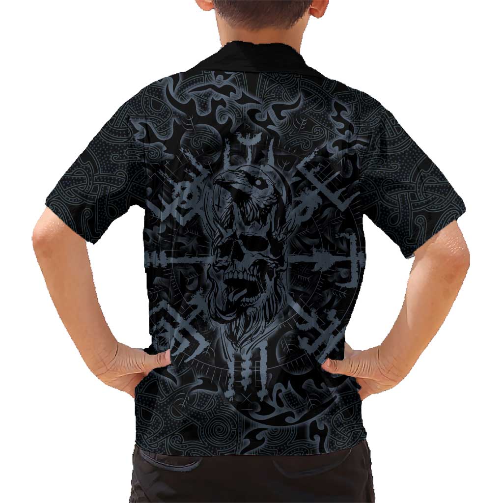 Viking Horned Skull and Raven Emblem Kid Hawaiian Shirt Dark Nordic Tribal Grunge Illustration